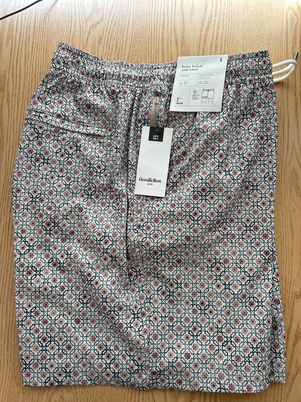 New Mens Goodfellow & Co Tile Print Swim Trunks Liner 7"Inseam Tan Khaki Large
